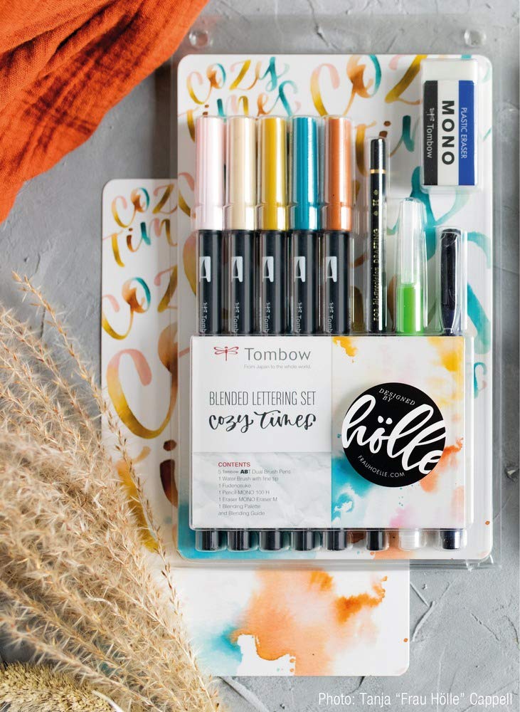 Tombow Blended Lettering Set includes 5 ABT Brush Pens, 1 Mono Pencil, 1 Mono Eraser, 1 Fudenosuke, 1 Water Brush, Blending Palette and Guide - Cosy Times, BS-FH1 - Image 2